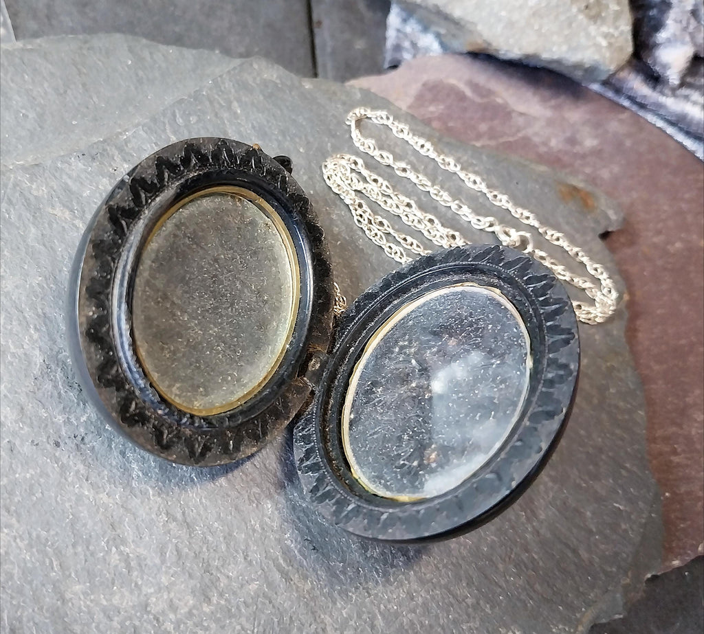 VICTORIAN Bog Oak LOCKET with Sunflowers on 24" Chain Necklace - 28.9g