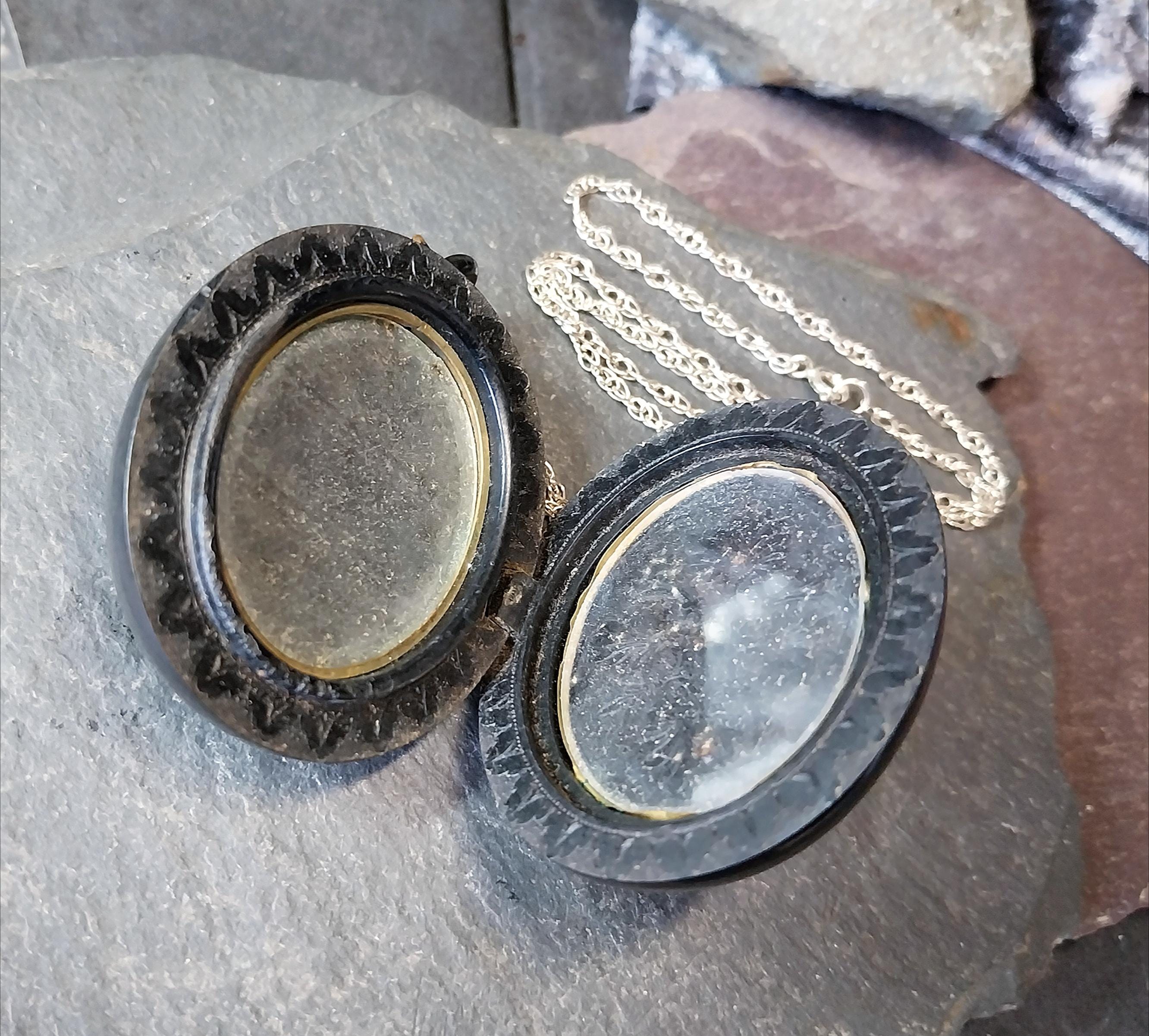 VICTORIAN Bog Oak LOCKET with Sunflowers on 24" Chain Necklace - 28.9g