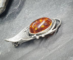 Vintage SILVER AMBER Brooch - Abstract Leaf Art Nouveau Style - 4.2g