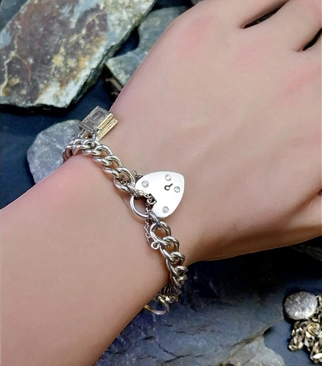 Vintage Silver CHARM BRACELET with Bible and Rings Charms with heart padlock clasp - 27.4g