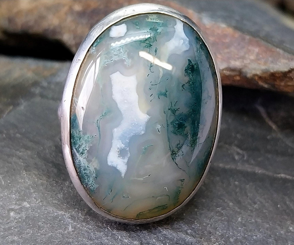 Large Sterling SILVER Moss Agate RING Dendritic Stone - size 0 1/2 (us 7.5) - 12.3g
