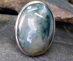 Large Sterling SILVER Moss Agate RING Dendritic Stone - size 0 1/2 (us 7.5) - 12.3g