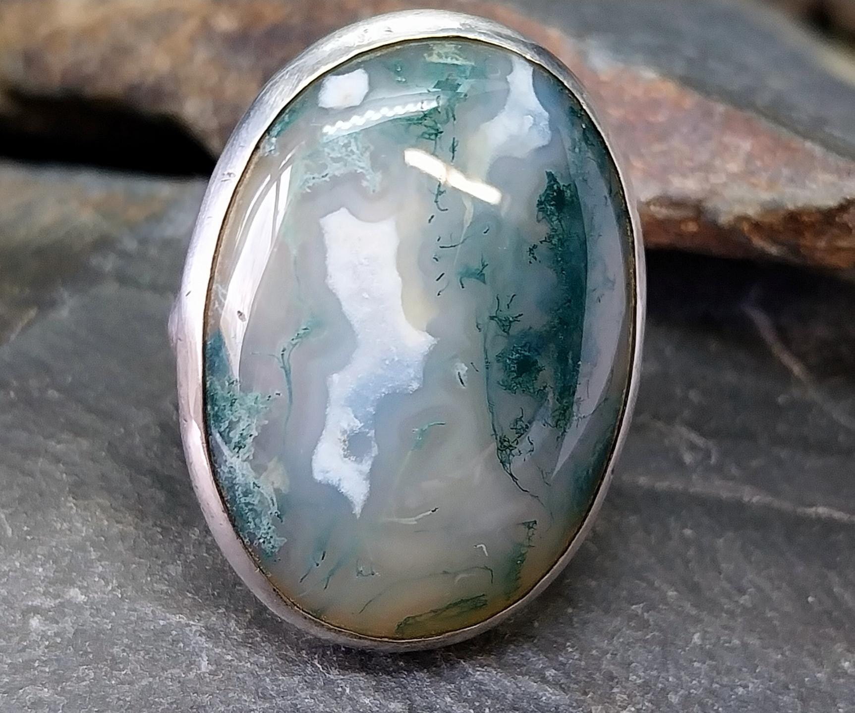 Large Sterling SILVER Moss Agate RING Dendritic Stone - size 0 1/2 (us 7.5) - 12.3g