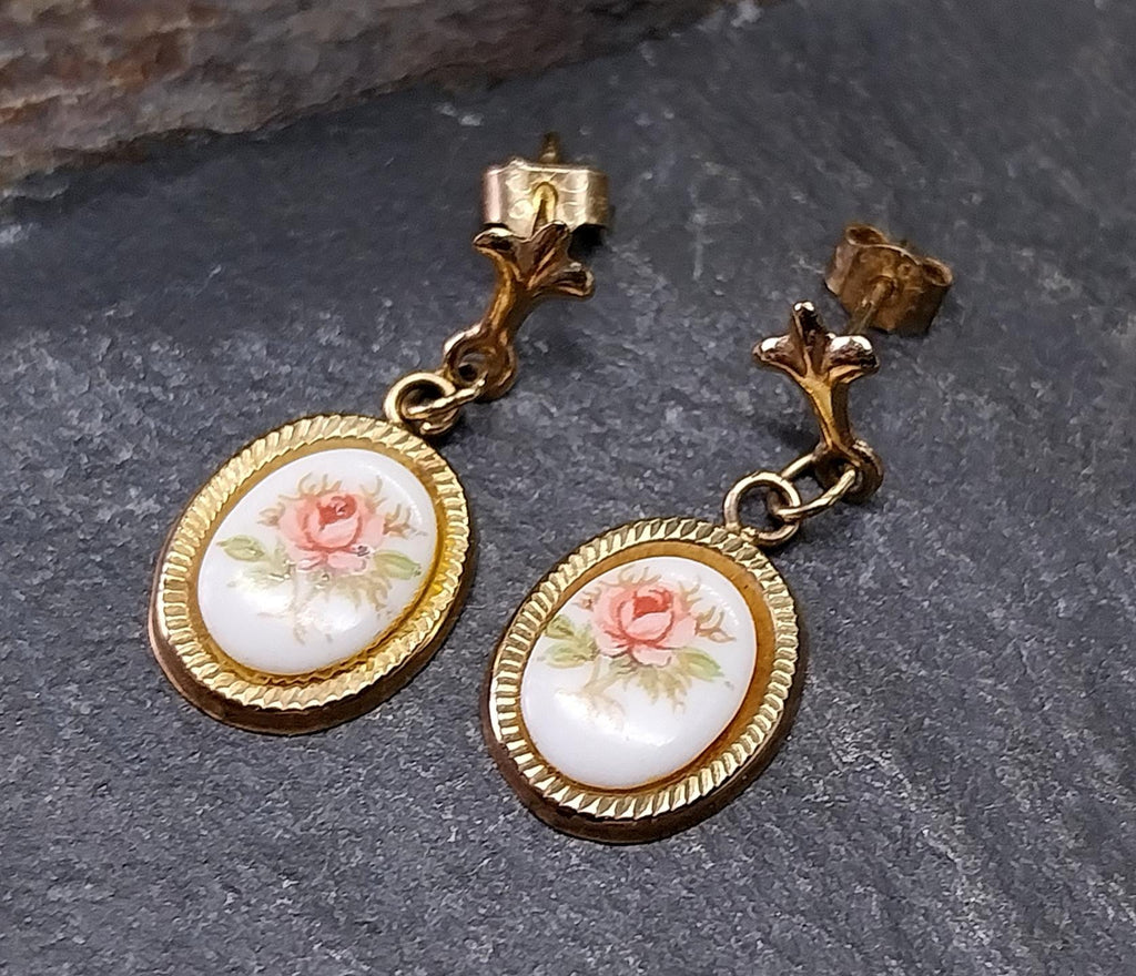 Vintage 9ct Gold Pink Rose EARRINGS - Dangly - 1g