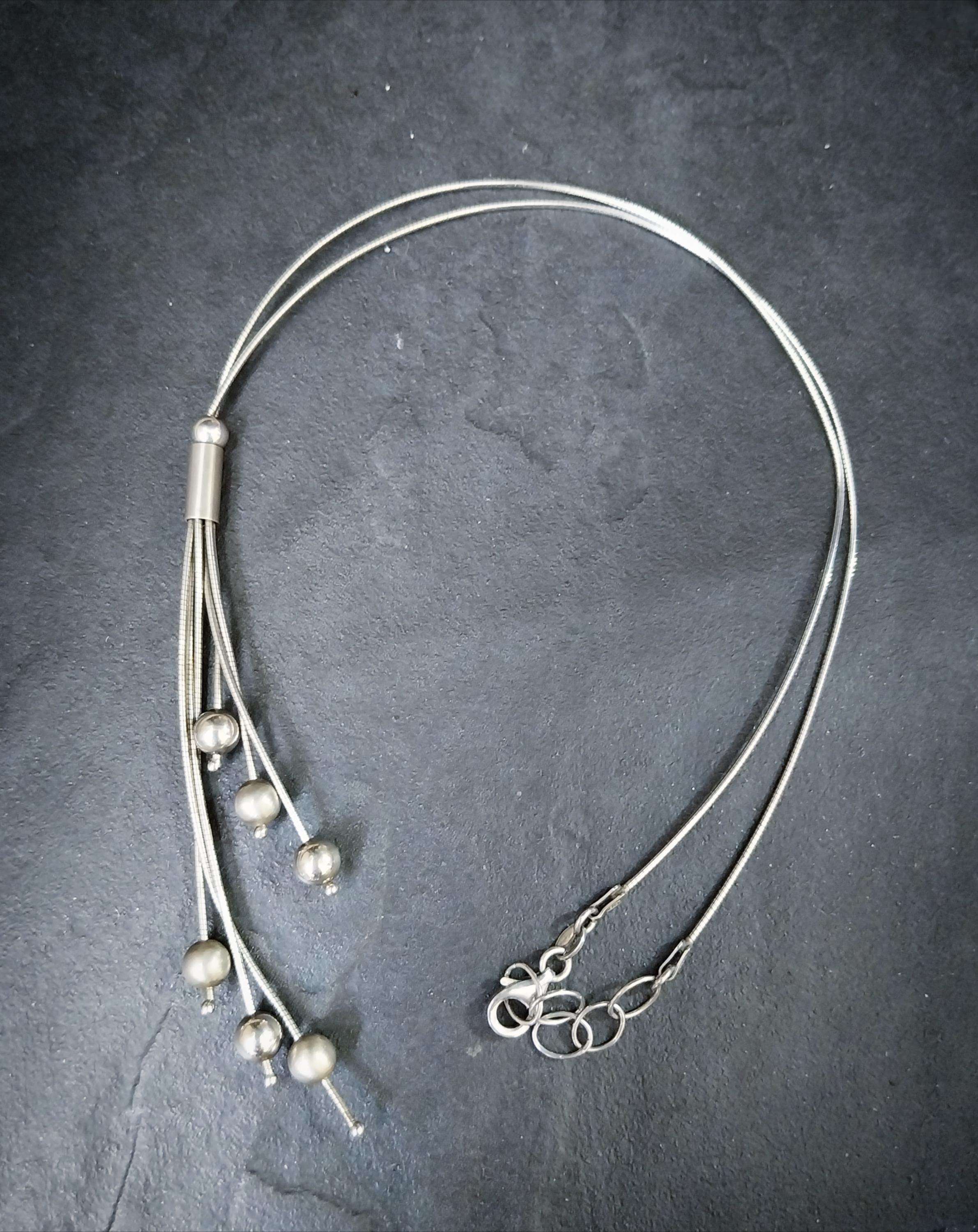 Sterling Silver Necklace, Multi Strand with Spherical beads 16" - 18" Chain - 10.6g