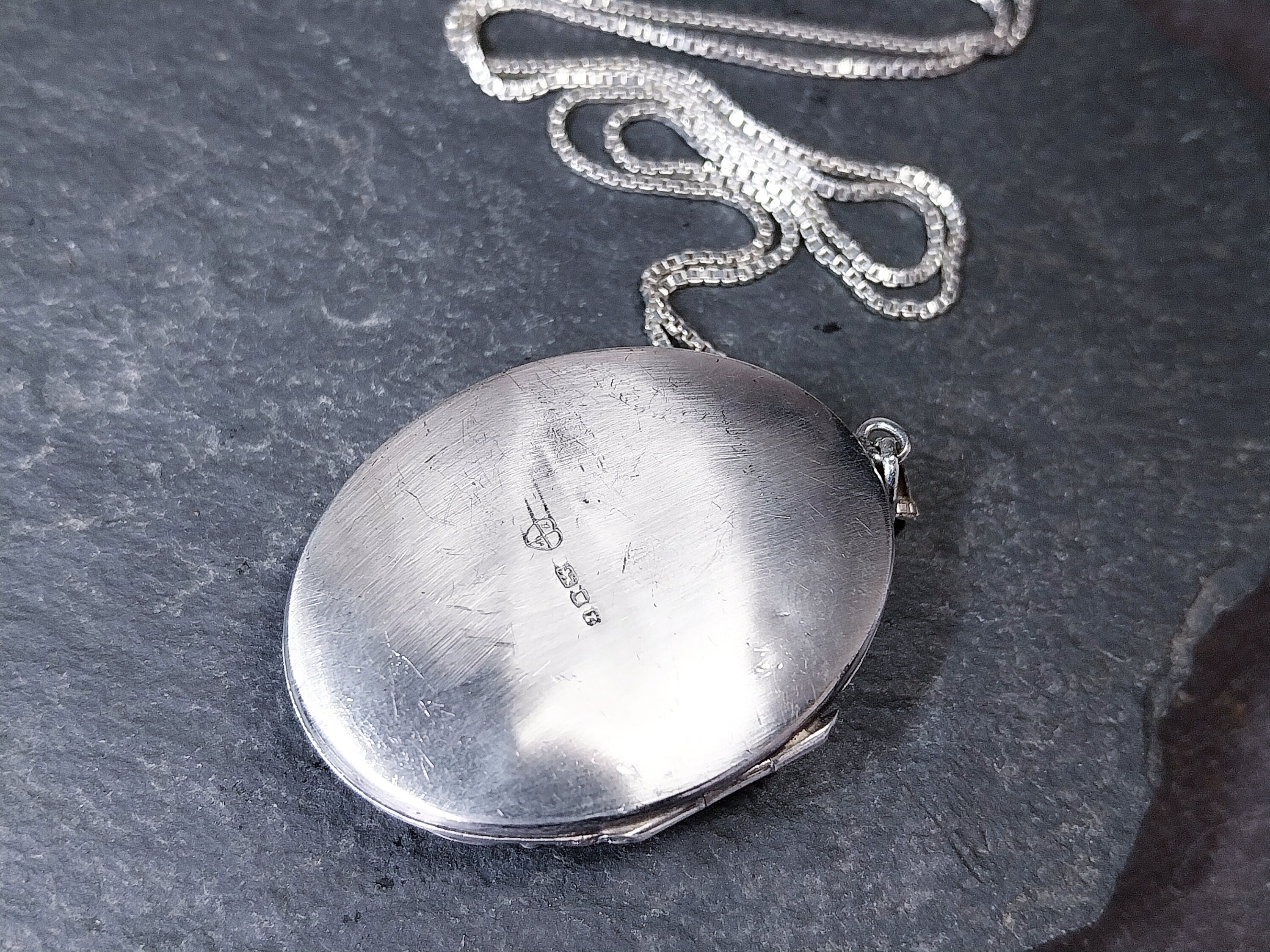 Sterling Silver Guilloche LOCKET , Blue Enamel on 22" chain - 24.8g