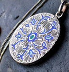 Large Locket Necklace by Danish Echri Cameer, Blue Enamel on 20" chain - 19.7g