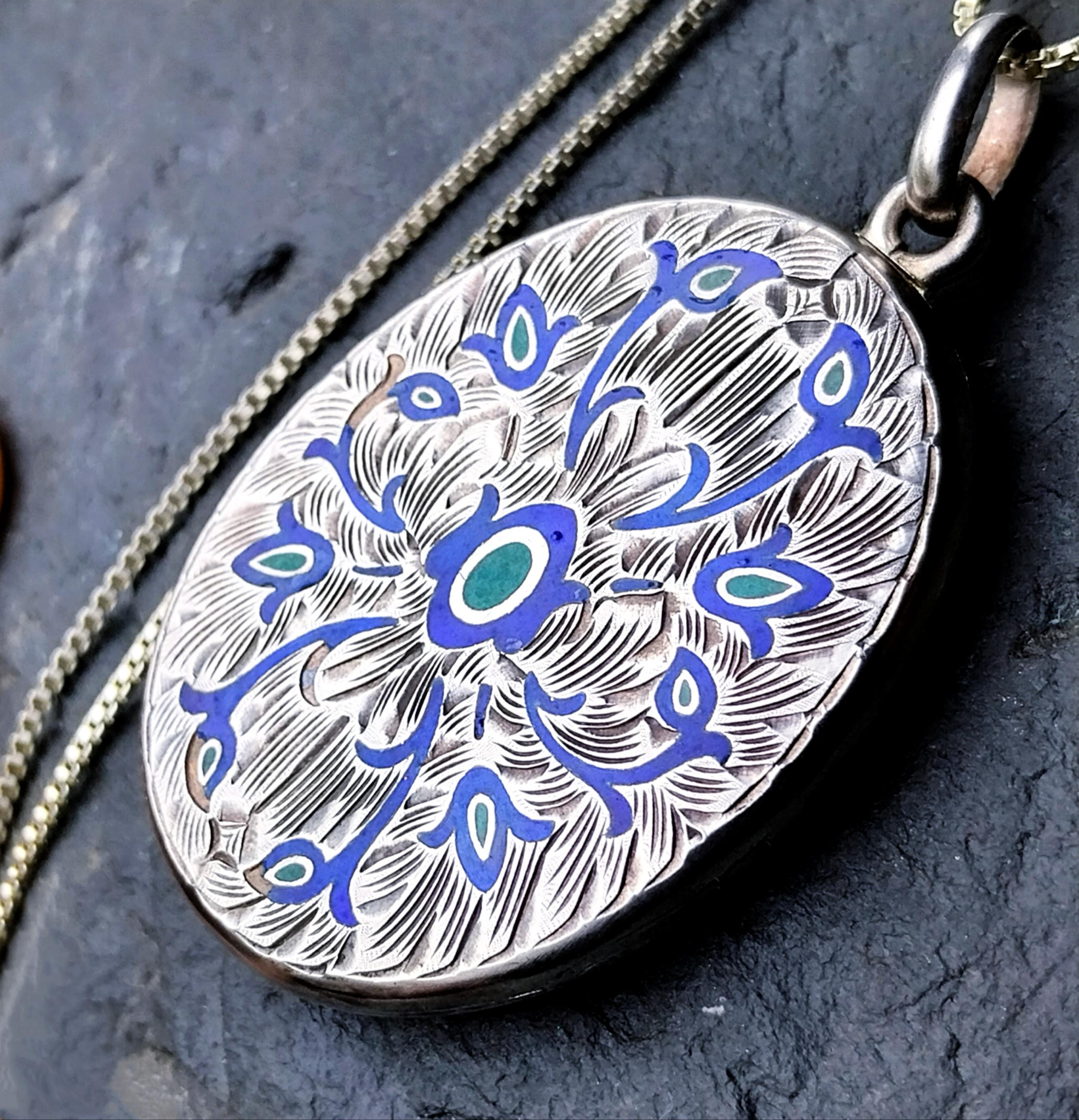 Large Locket Necklace by Danish Echri Cameer, Blue Enamel on 20" chain - 19.7g