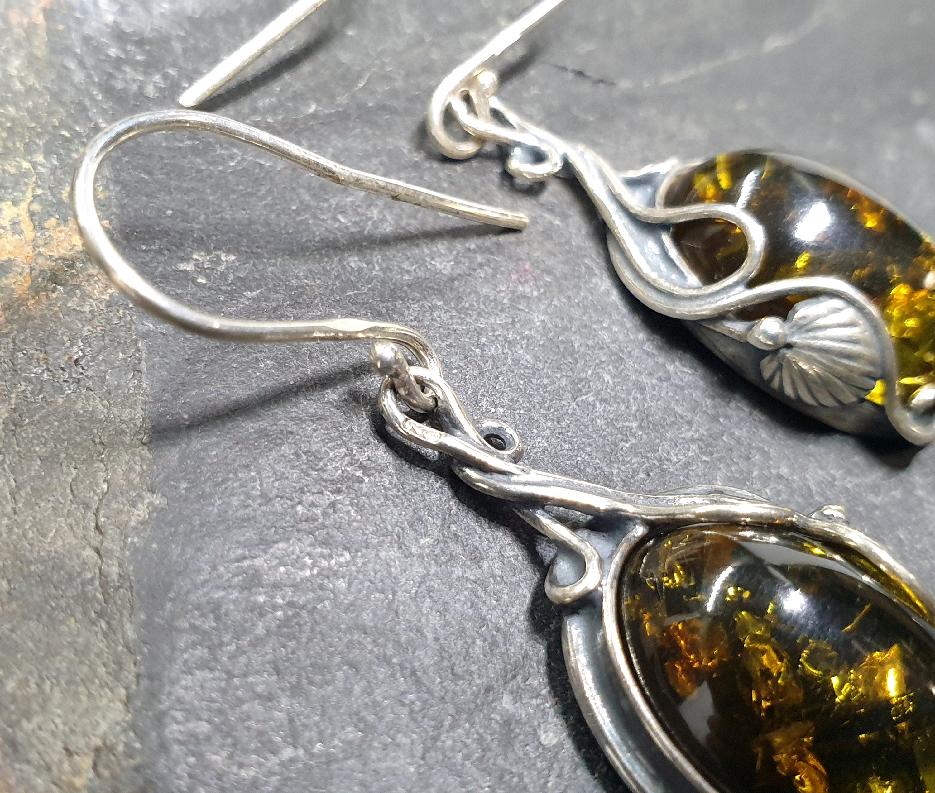 Vintage Sterling Silver AMBER Drop EARRINGS - Dangling  - 6.8g