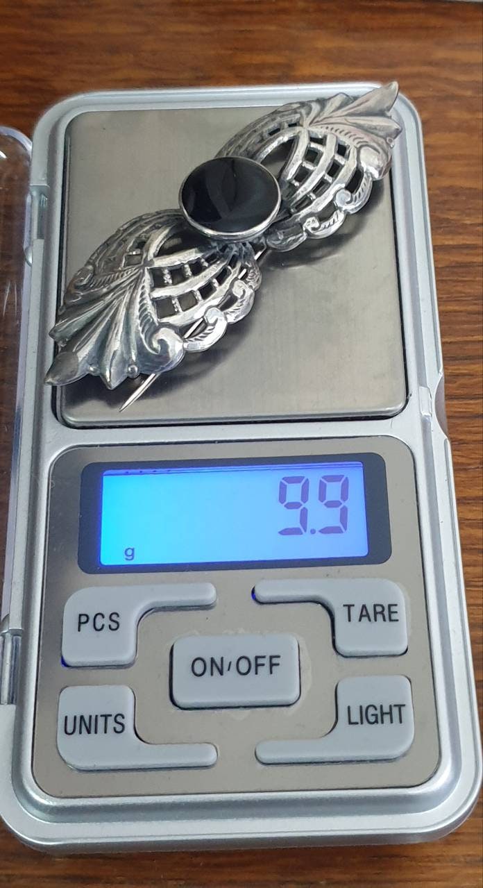 Vintage SILVER & ONYX BROOCH - Winged Design - 9.9g
