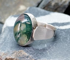 Vintage SILVER Moss Agate RING Dendritic Stone - adjustable size 0 (us 7) - 5.9g