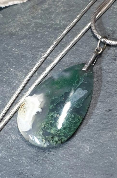 Large Moss Agate Teardrop Pendant Necklace on 20" Chain - 21.2g