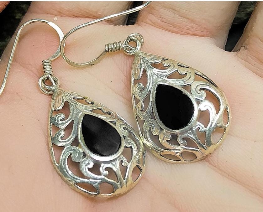 Sterling Silver Dangle Earrings - with Black Onyx Stone - 3.2g