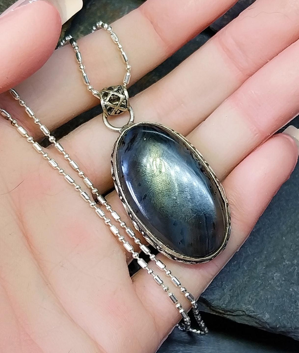 Large Sterling Silver Moss / Mottled Agate Necklace Pendant on 20" Chain - 16.4g