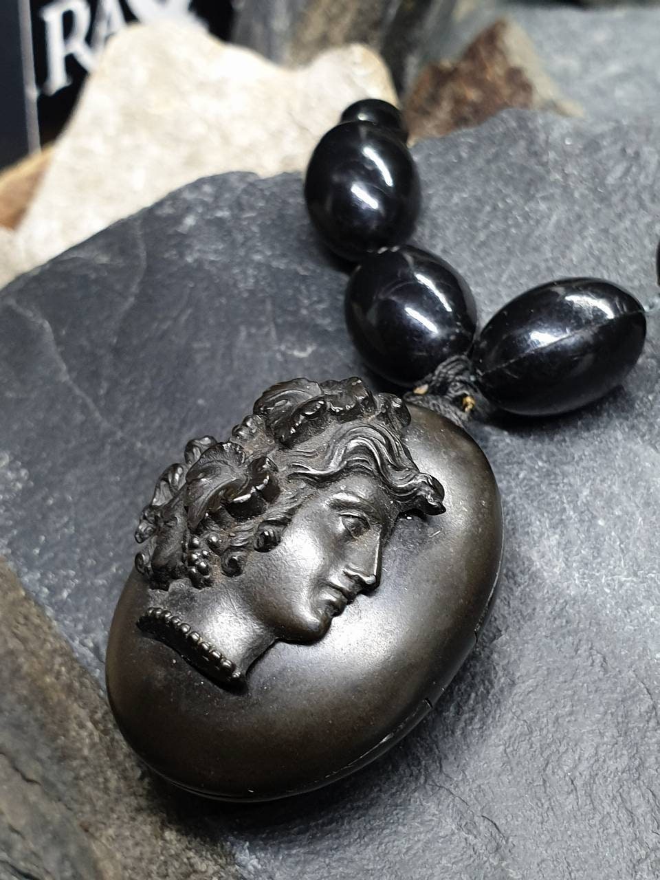 Victorian BOG OAK LOCKET and Bead Necklace with Bacchante Cameo carving