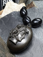 Victorian BOG OAK LOCKET and Bead Necklace with Bacchante Cameo carving
