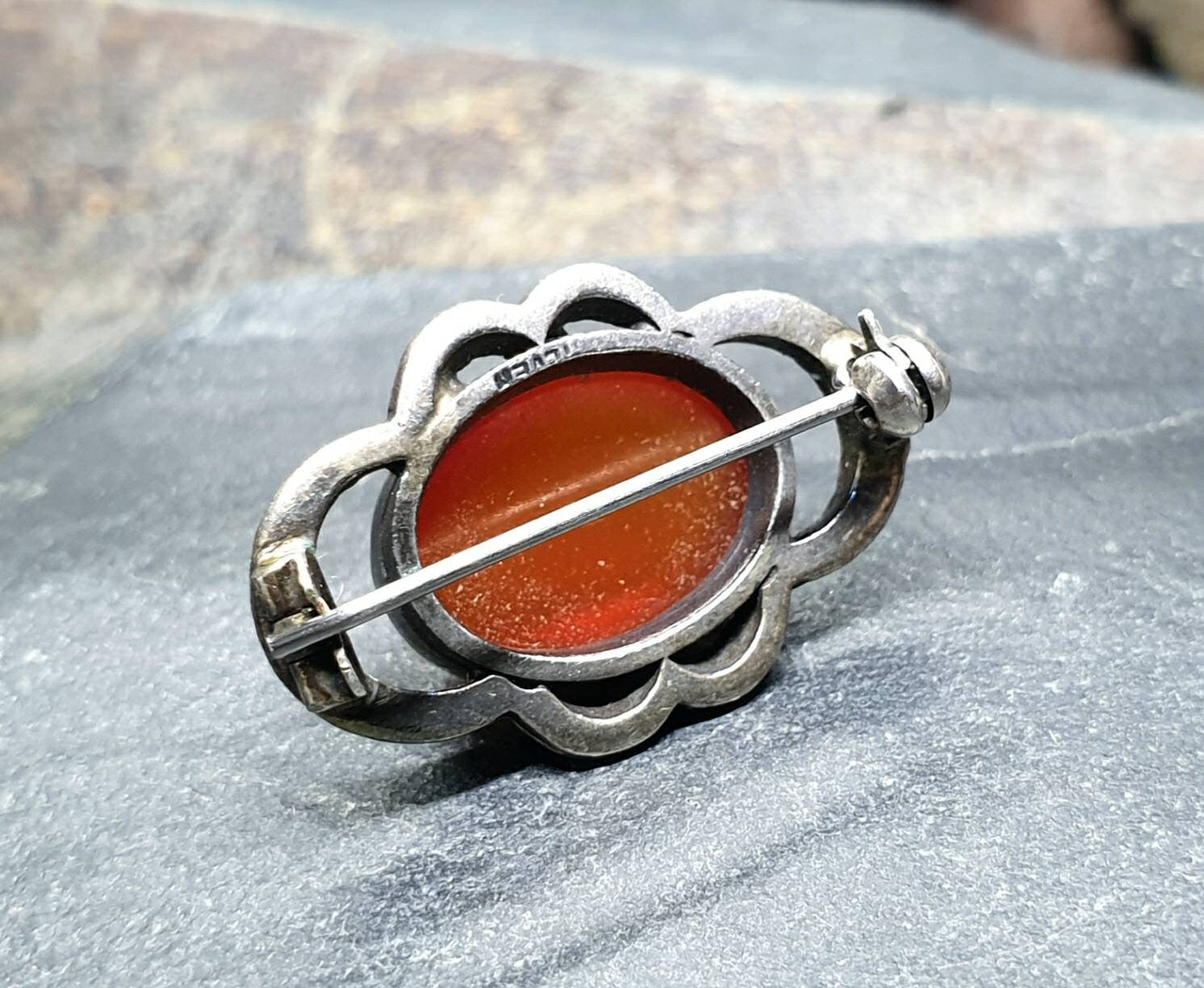 Vintage Carnelian Brooch - with Marcasite Stones, Scottish Silver - 5.9g