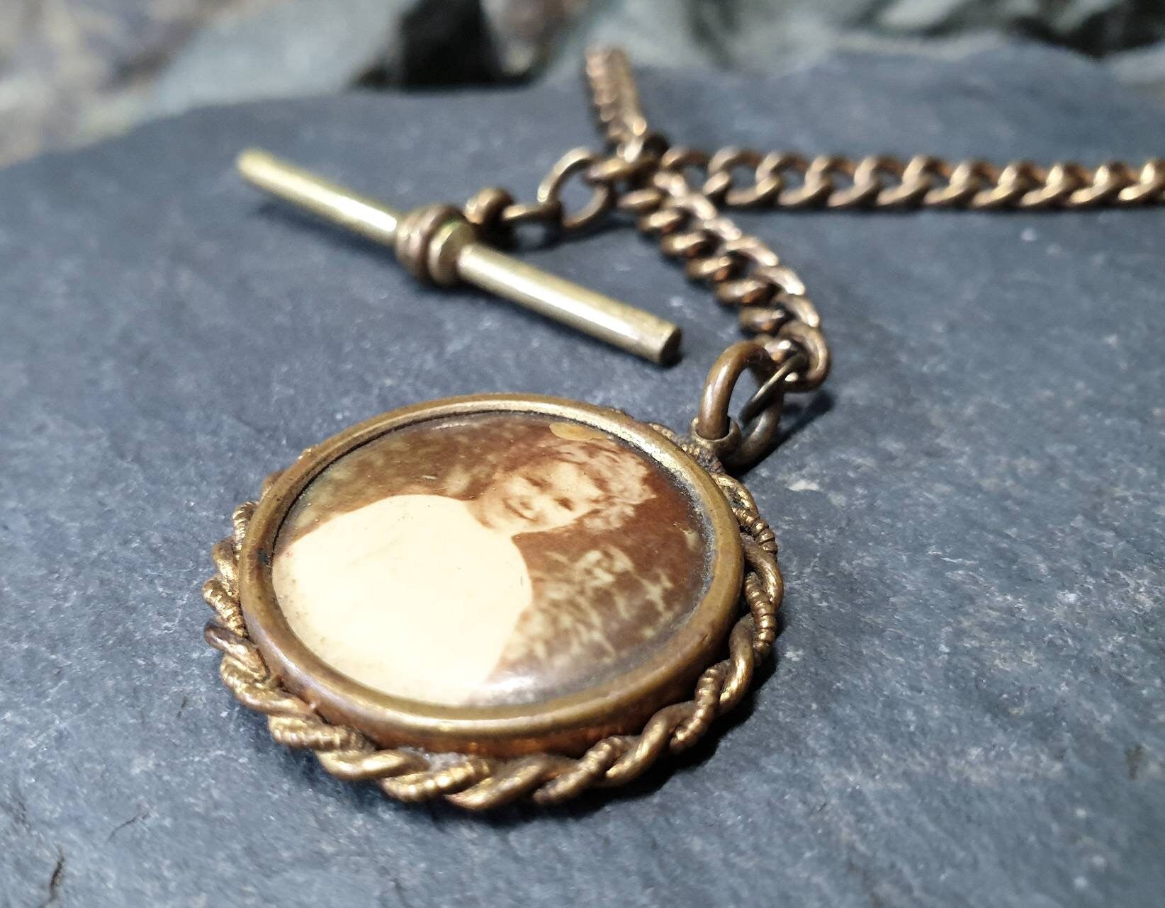 Antique Dog Clip Chain with Photo Locket Fob and T Bar - Pinchbeck 16"  - 25.9g