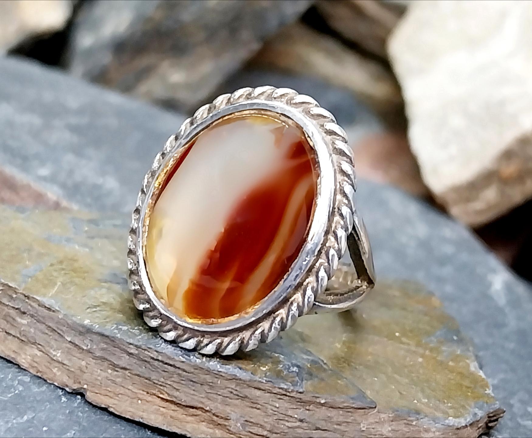 Vintage SILVER Jasper Flame AGATE Ring - Size uk R (us 8.5) - 7.8g
