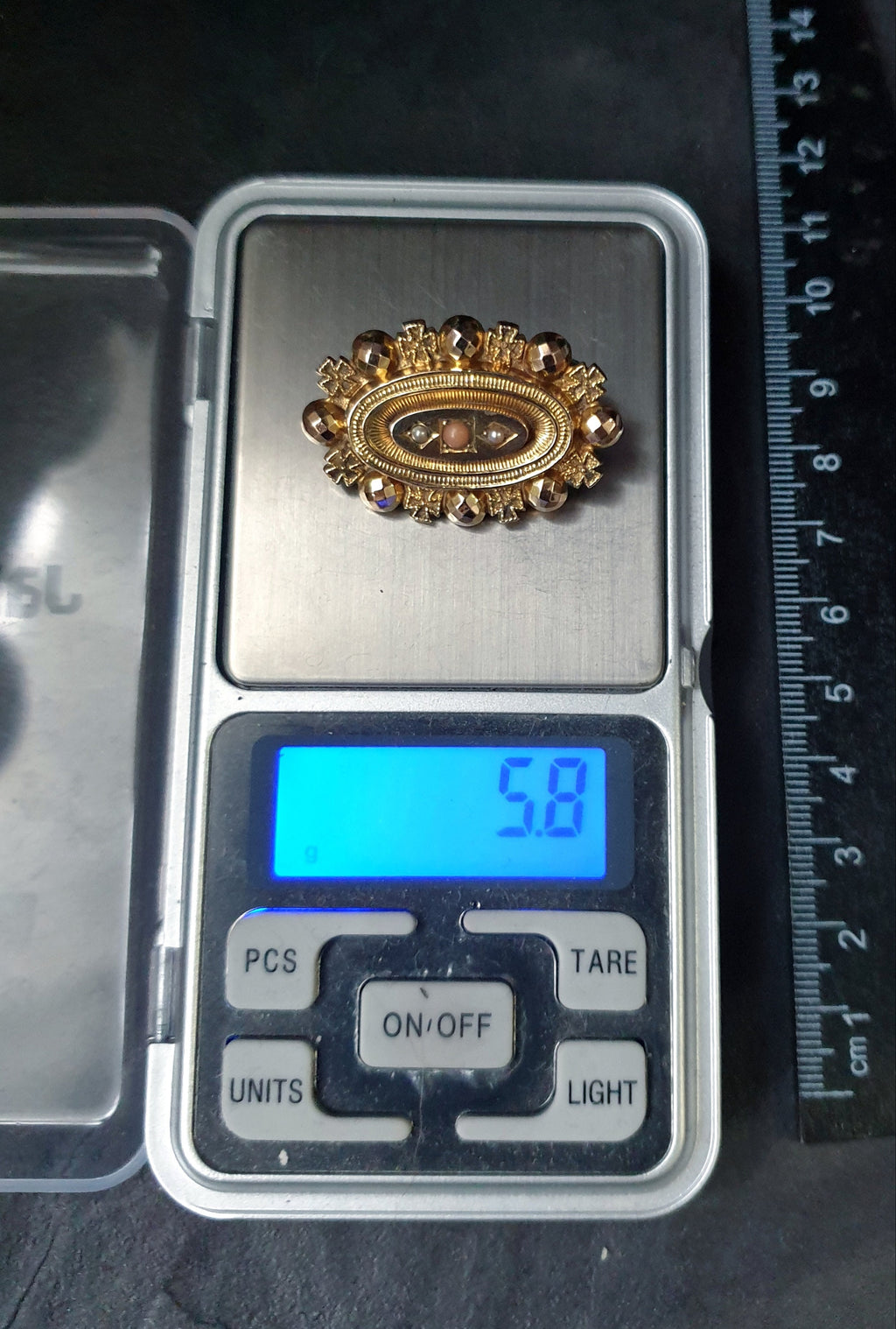 Antique 9ct GOLD Locket BROOCH - Seed Pearls and Coral - 5.8g