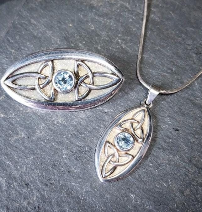 Sterling SILVER Necklace and Matching Brooch Gift Set - Blue Topaz