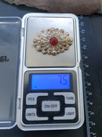 Antique Silver CARNELIAN FILIGREE Flower Brooch - Continental Silver Pin - 7.5g