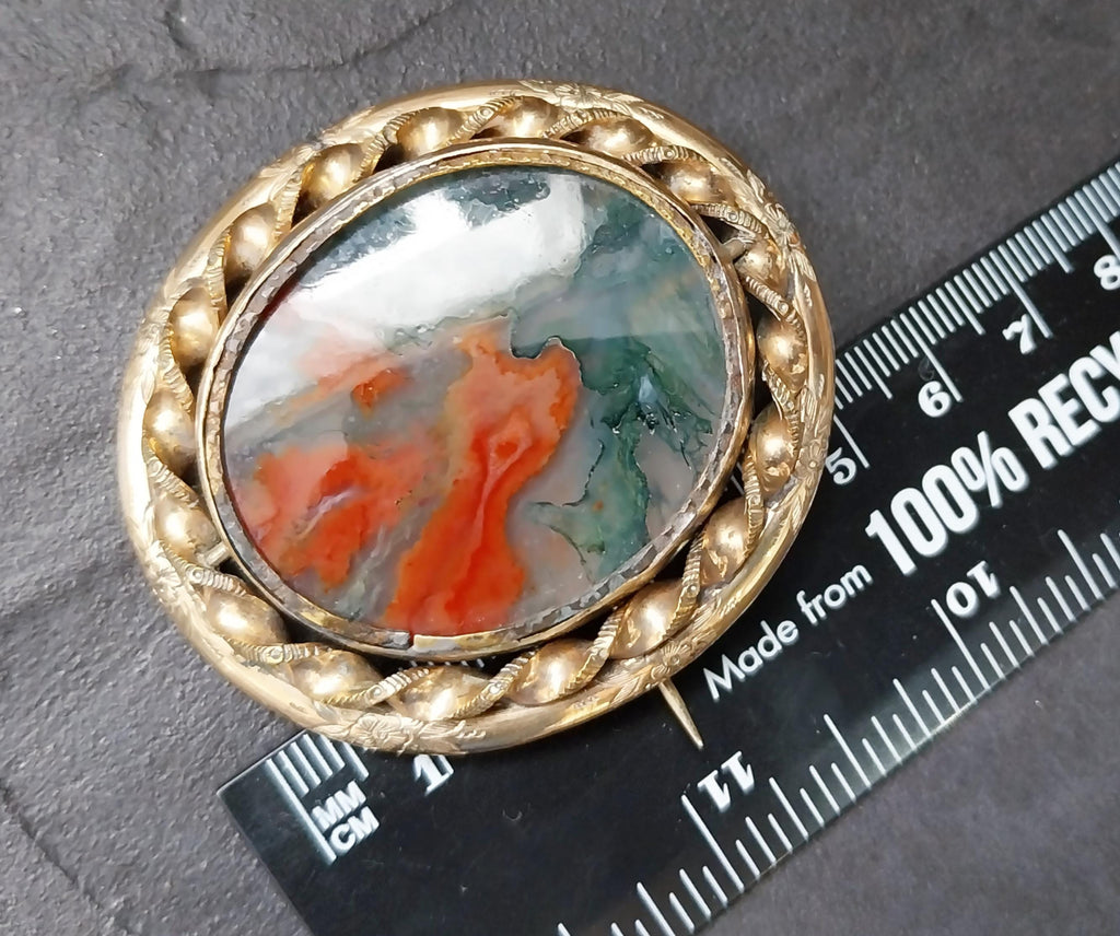 Victorian SWIVEL LOCKET BROOCH with Moss Agate - Big Size - 32.2g