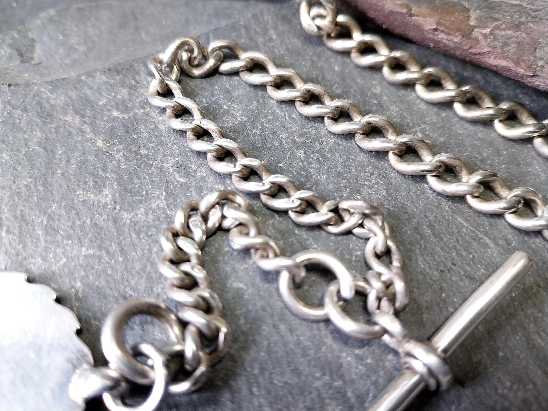 Antique Sterling Silver Albert Watch Chain with T-Bar, Medal Fob and DogClip - 16" - 35.9g