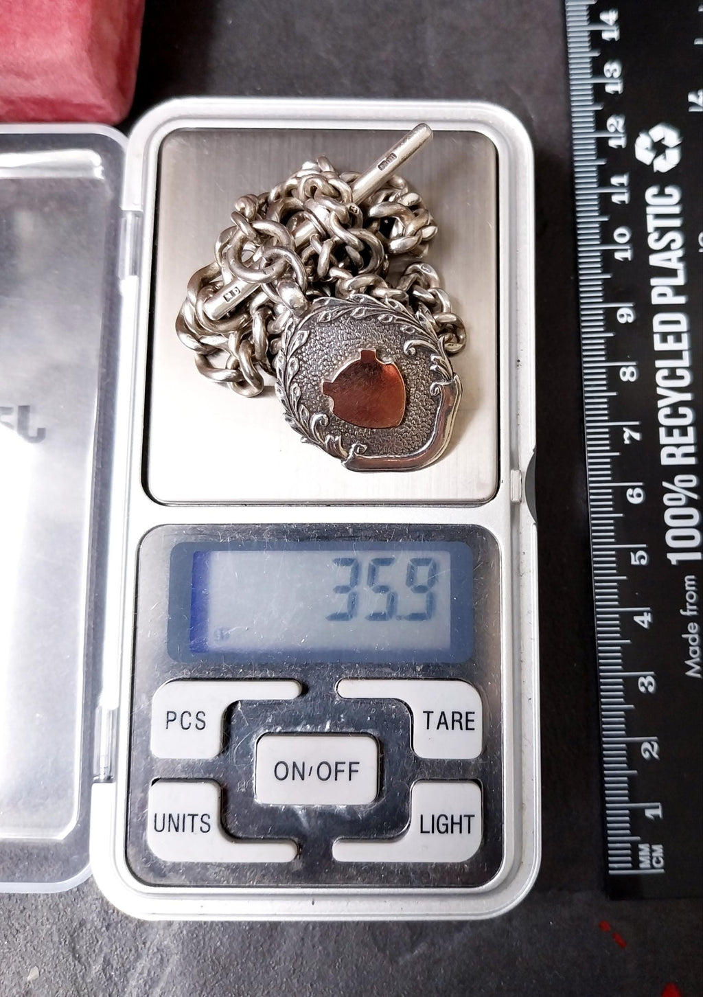Antique Sterling Silver Albert Watch Chain with T-Bar, Medal Fob and DogClip - 16" - 35.9g