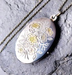 Vintage LOCKET - Sterling Silver Oval with Gold Flowers on 18" Chain - 7.1g