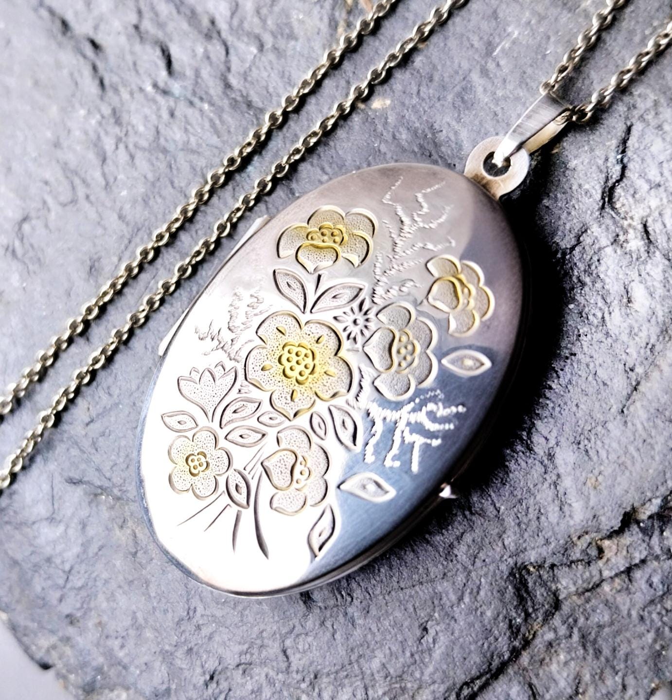 Vintage LOCKET - Sterling Silver Oval with Gold Flowers on 18" Chain - 7.1g