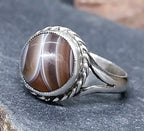Vintage Sterling SILVER BANDED AGATE Ring - Size uk N (us 6.5) - 3.5g