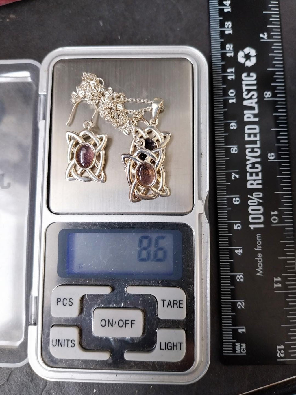 Sterling SILVER Amethyst Necklace and Matching Earrings Gift Set - Celtic Knot - 8.6g
