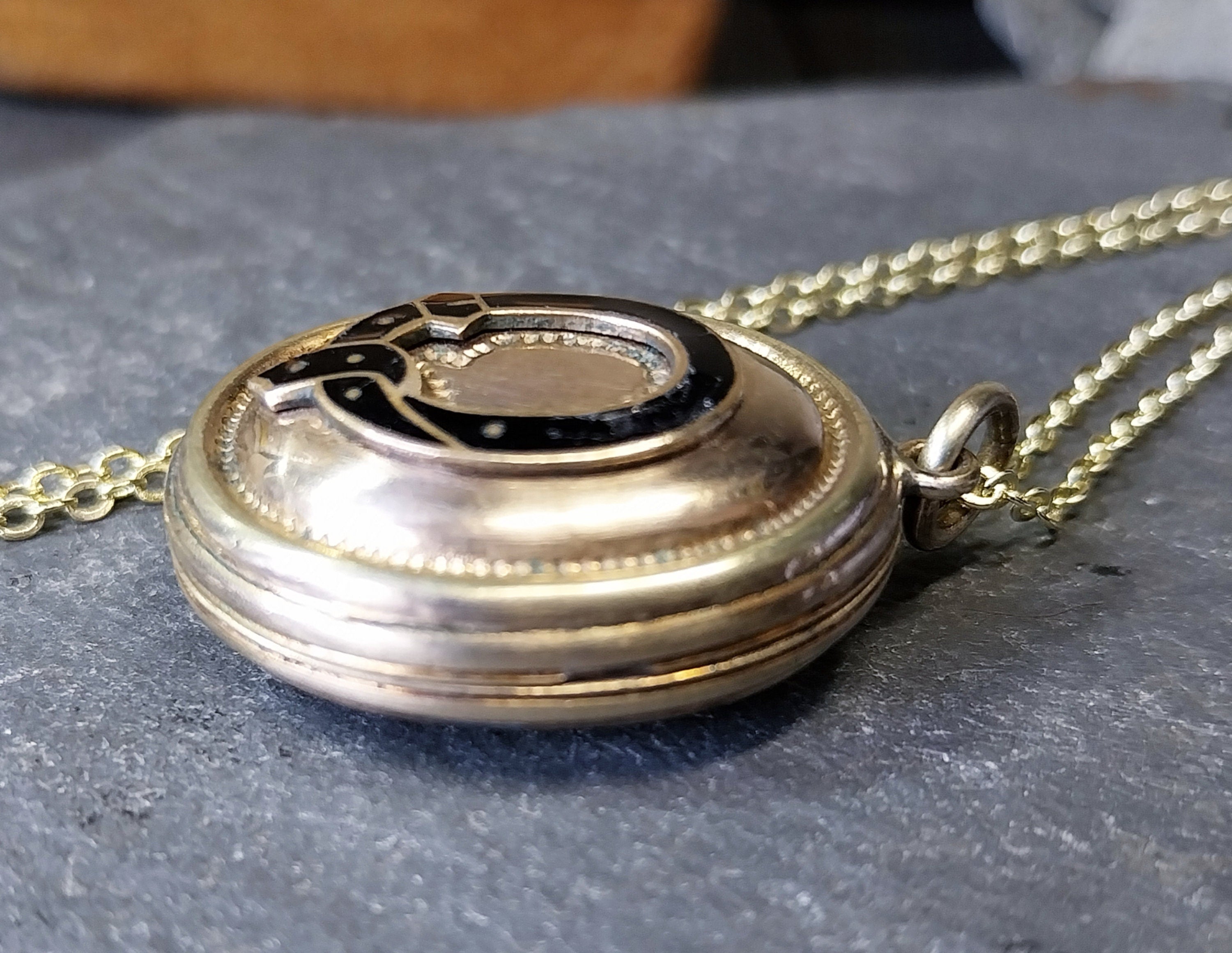 Antique Rolled Gold LOCKET NECKLACE - Black Enamel Buckle on 18" Chain - 10.3g