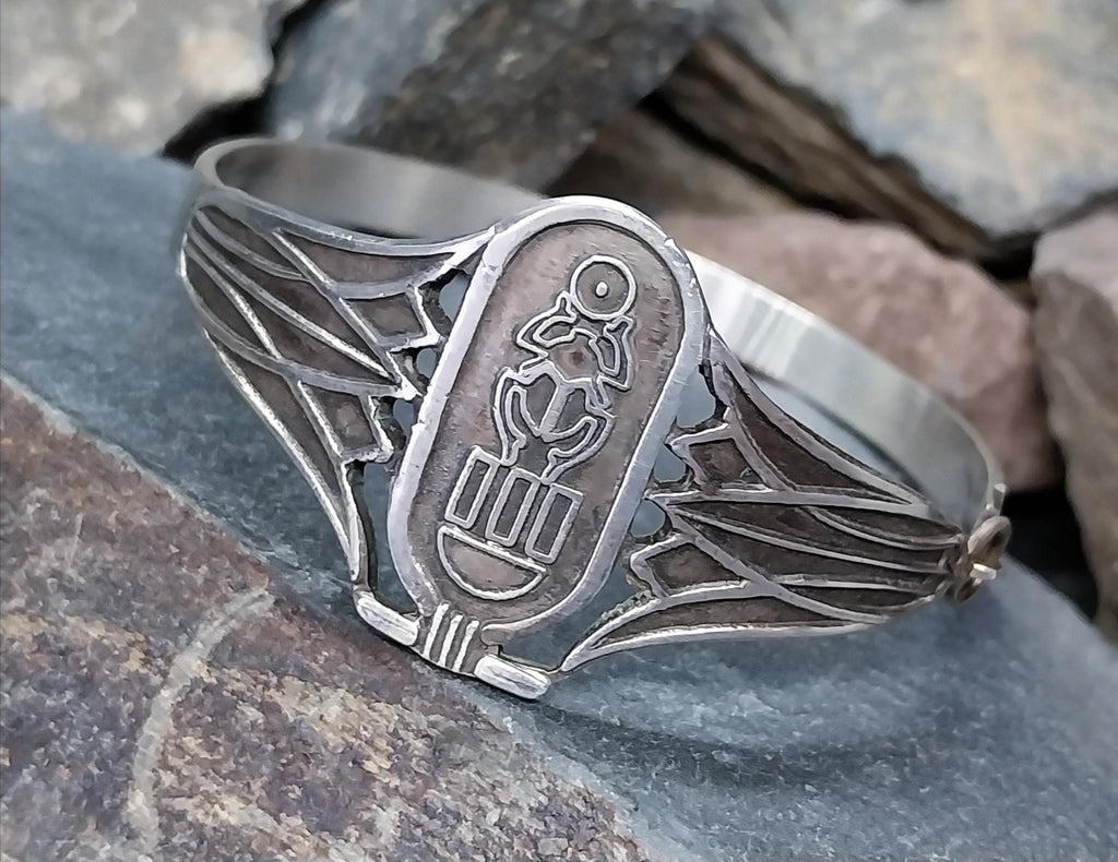 Vintage Sterling Silver Ra God ofCreation Bangle Bracelet - Egyptian - 21.7g