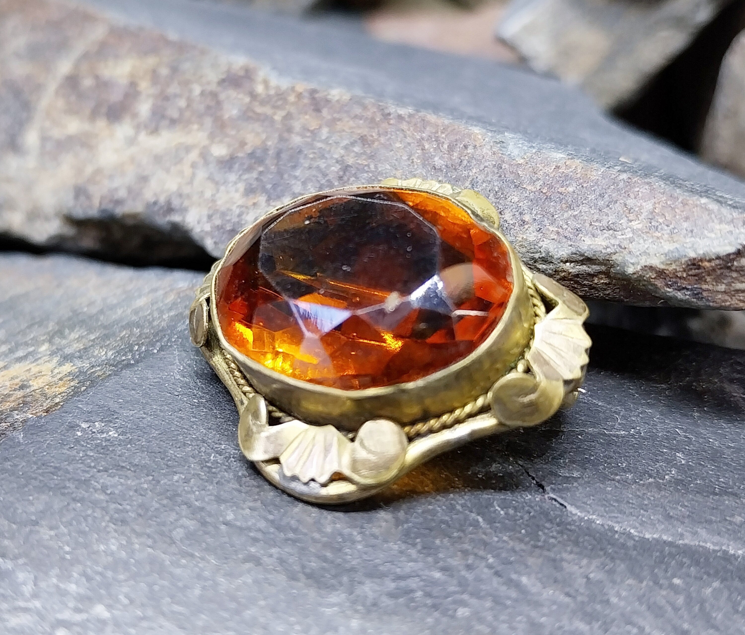 Antique Pinchbeck BROOCH with Brandy Orange Gemstone - 6g
