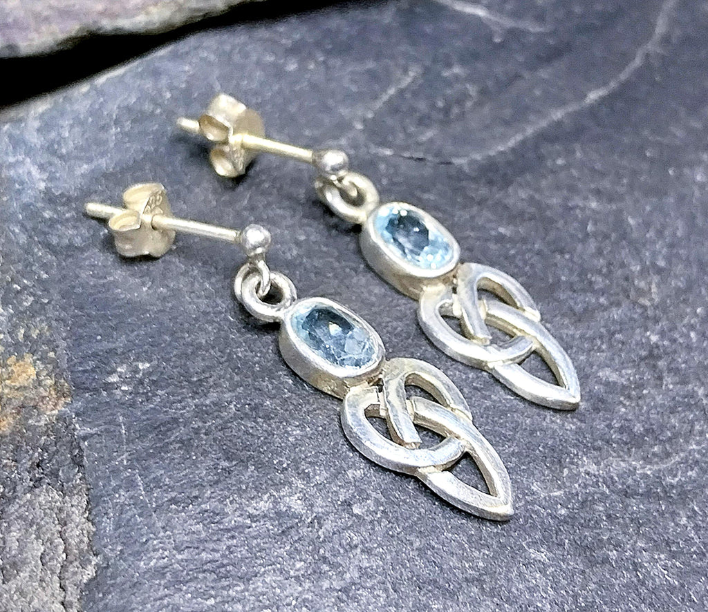 Vintage Sterling Silver Blue Topaz EARRINGS - Celtic Drop Dangling  - 2.7g