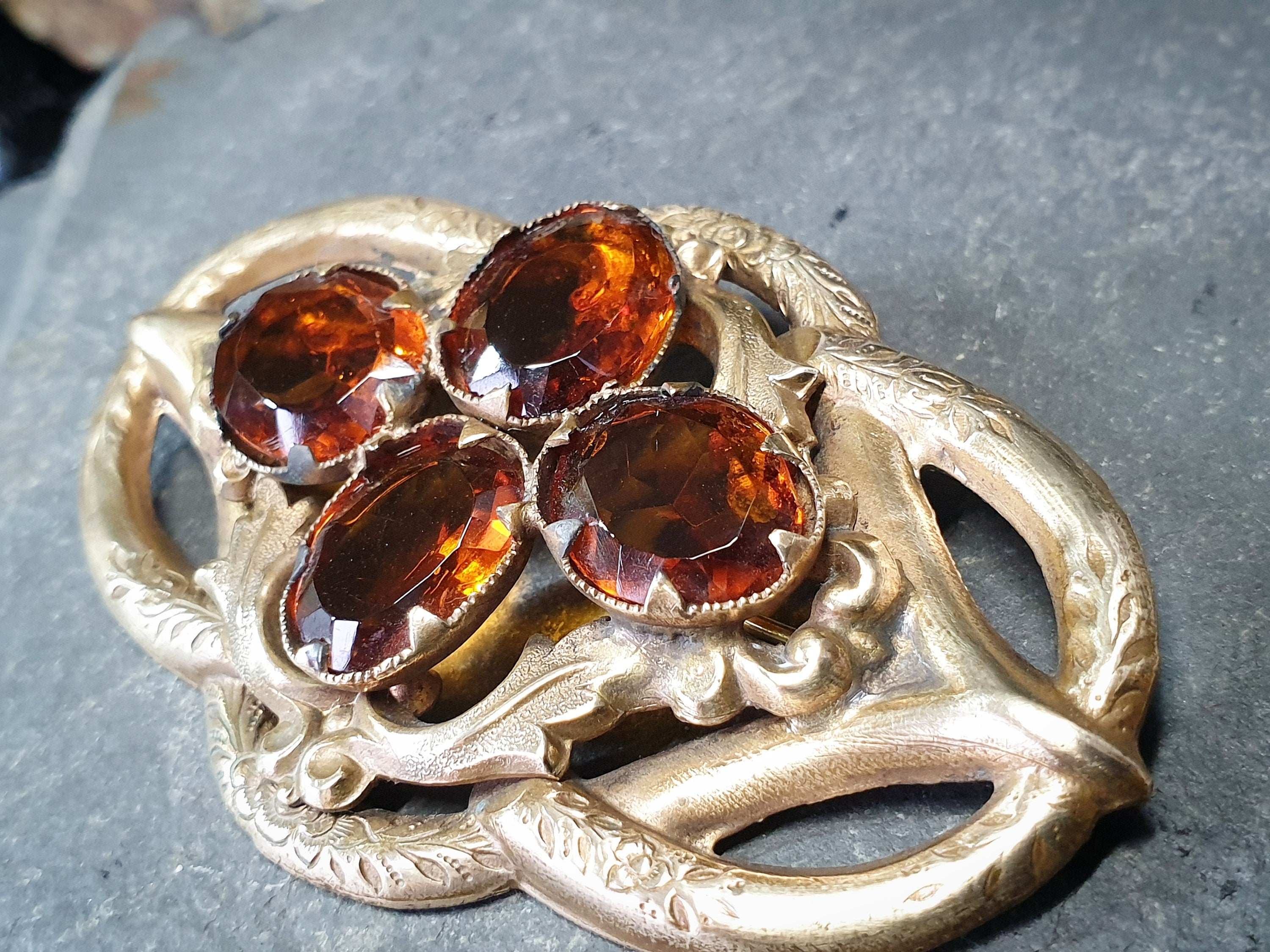 Large Antique VICTORIAN Lovers Knot BROOCH - Brandy Citrine Gemstones 16.7g