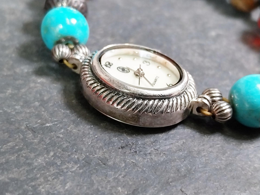 Vintage Sterling Silver WATCH - with Gemstone Bracelet Strap elasticated - 28.6g