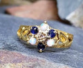 9ct GOLD Fire Opal & Sapphire Ring - Size uk L (us 6) - Hallmarked - 2.1g
