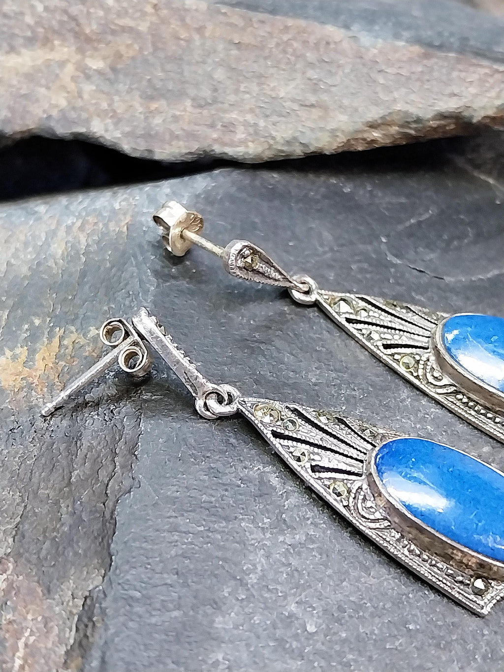 Sterling Silver Art Deco EARRINGS Blue Gemstone & Marcasite - 5.9g