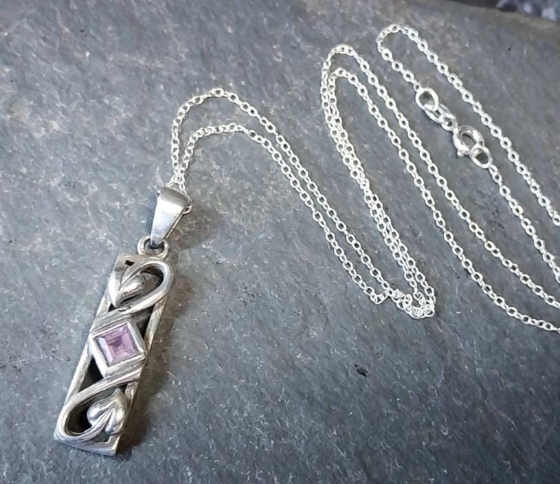 Vintage Sterling PENDANT NECKLACE with Amethyst on 18" - 4.7g