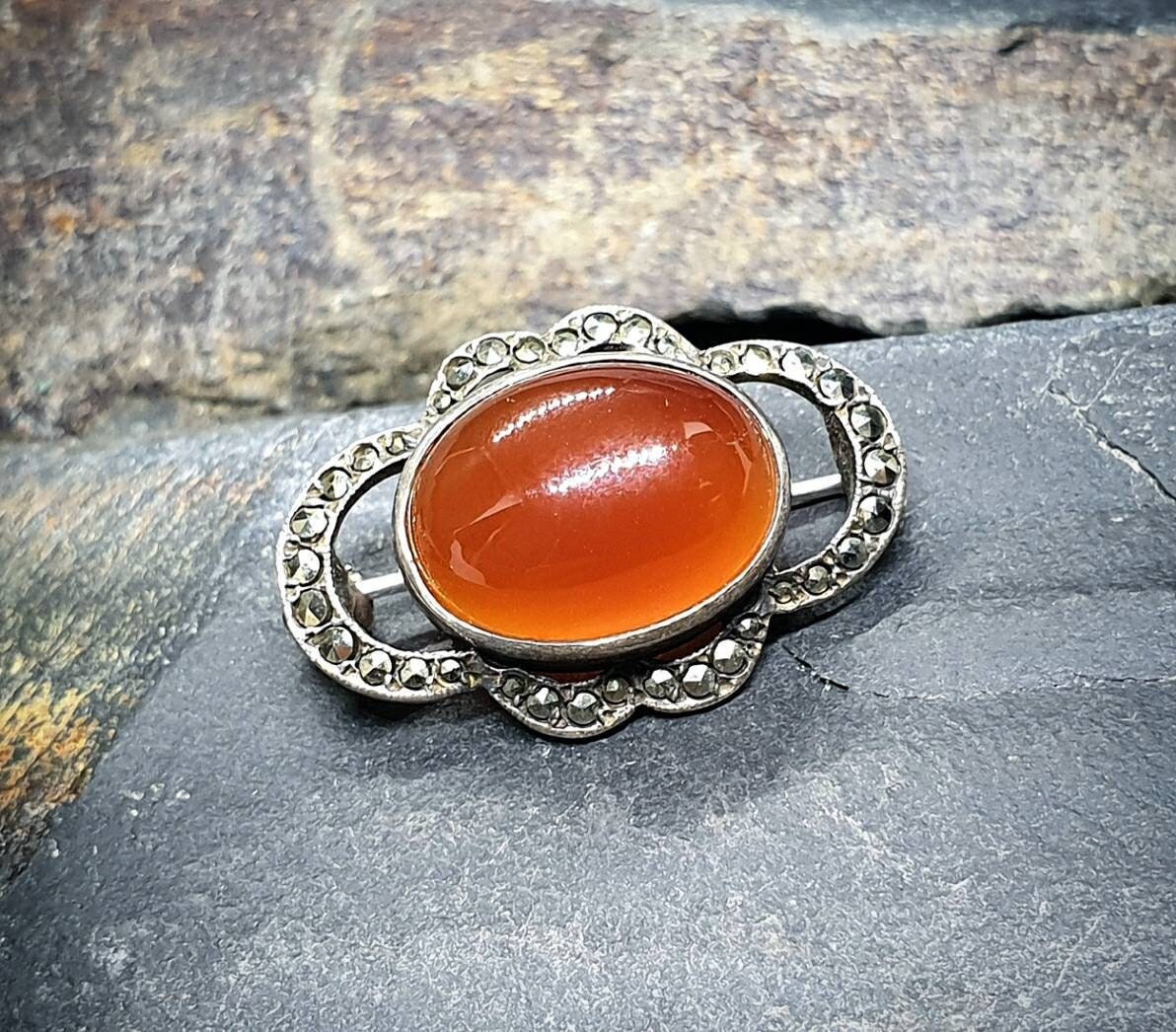 Vintage Carnelian Brooch - with Marcasite Stones, Scottish Silver - 5.9g