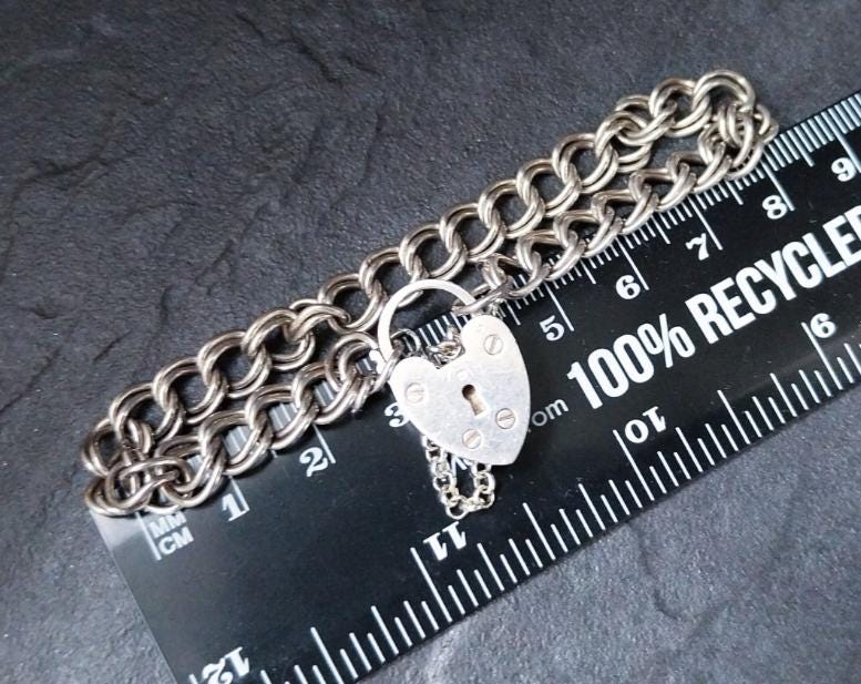 Vintage SILVER Double LINK BRACELET with Padlock Lock Clasp c 1980 - 17cm - 13.7g