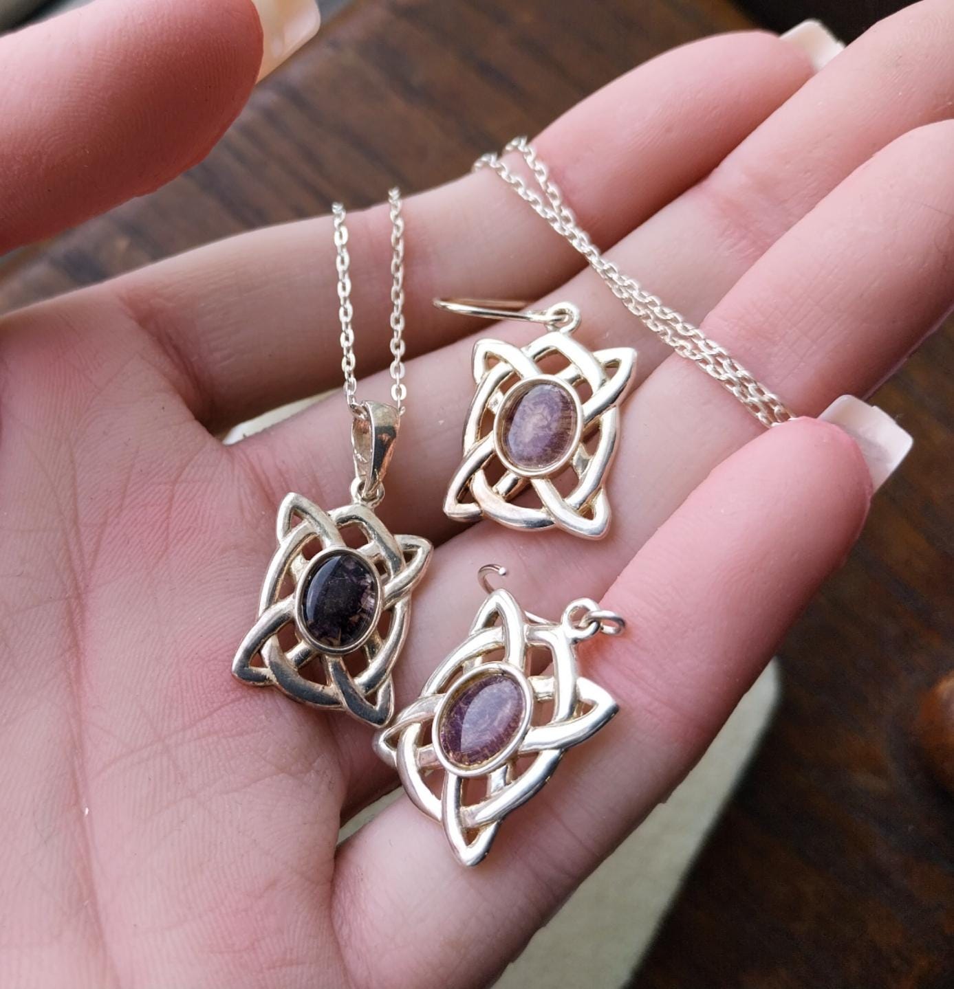 Sterling SILVER Amethyst Necklace and Matching Earrings Gift Set - Celtic Knot - 8.6g