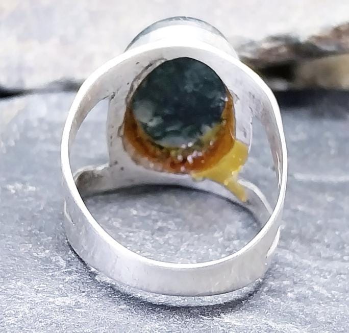 Vintage SILVER Moss Agate RING Magnus Maximus Designs Edinburgh - uk size R (us 8.5) - 7.1g