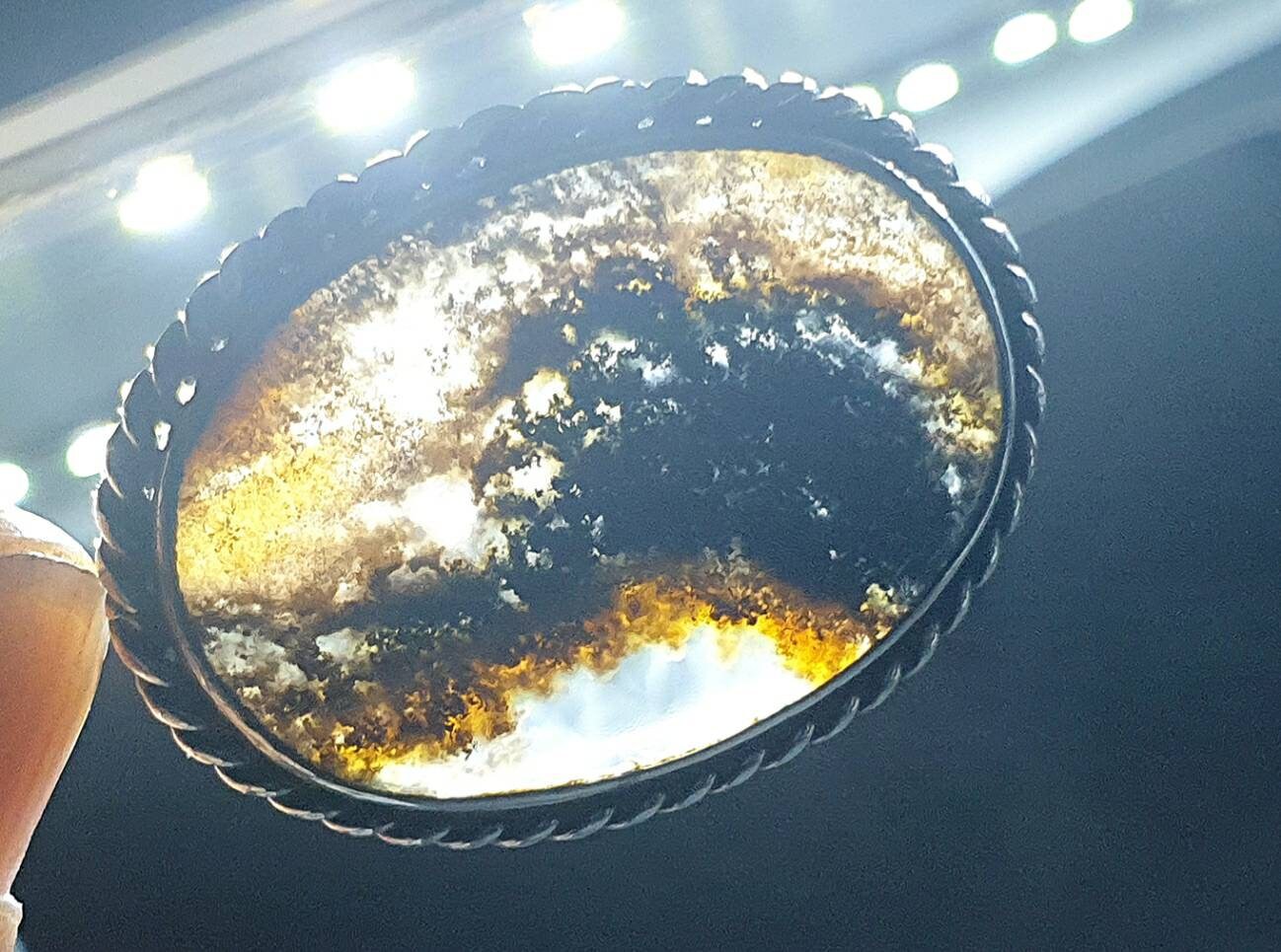 Antique Silver Moss Agate Landscape Brooch - Victorian Sterling Silver - 5.3g