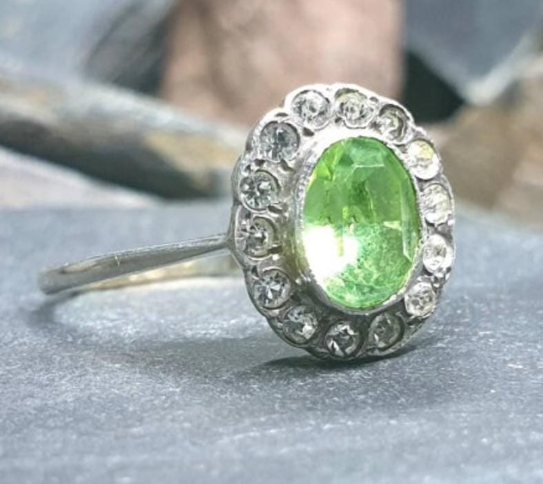 Vintage 9ct Gold Tourmaline Paste Stone Ring - Art Deco - Size uk V (us 10.5) - 2.8g