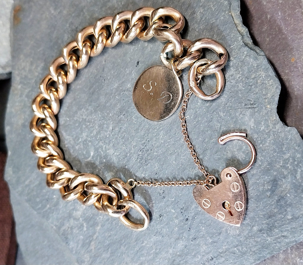 Antique Vintage Solid 9ct Rose GOLD LINK Bracelet & Heart Padlock Clasp - 20.1g