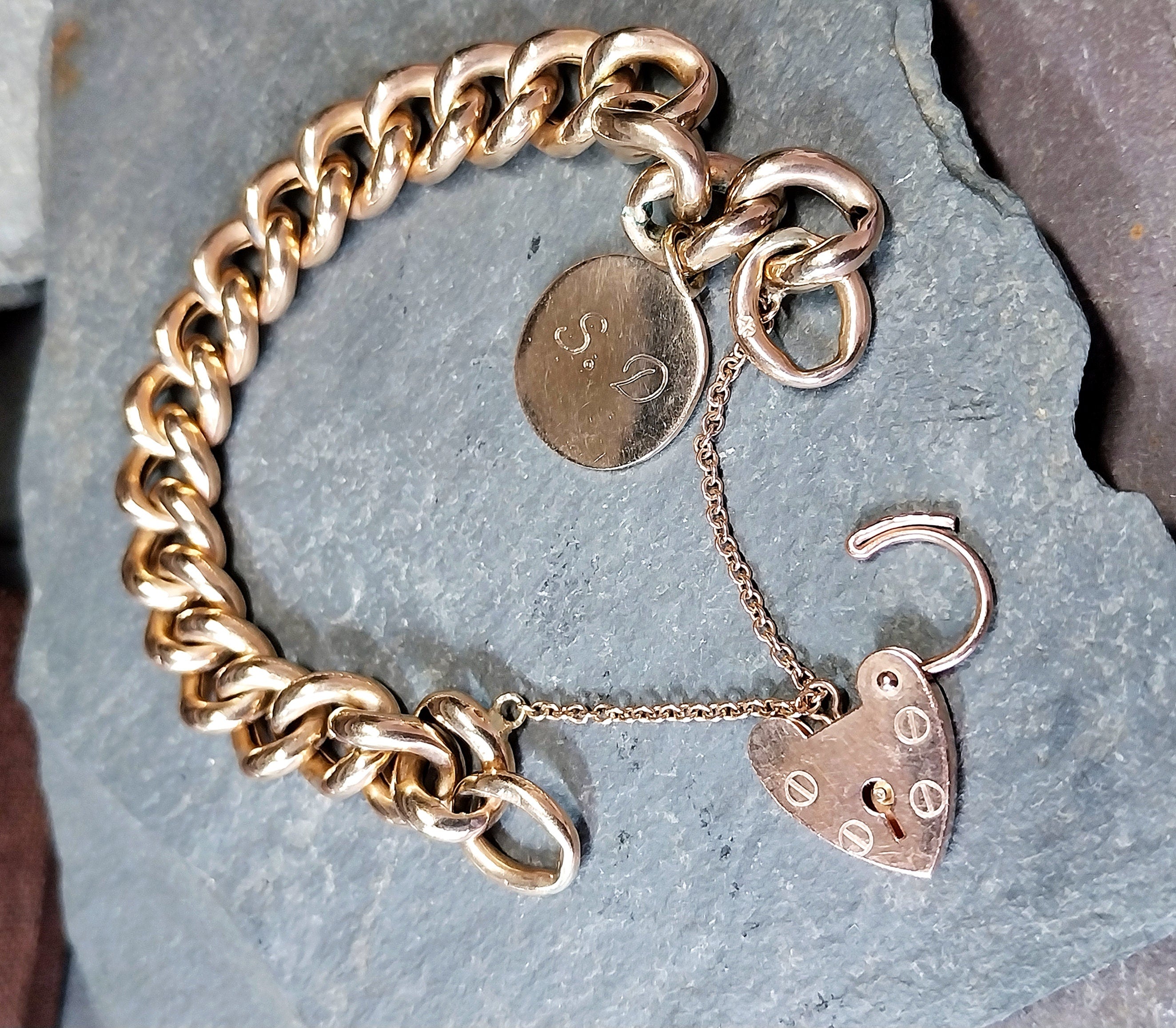 Antique Vintage Solid 9ct Rose GOLD LINK Bracelet & Heart Padlock Clasp - 20.1g